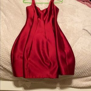 Red sinched waist satin dress